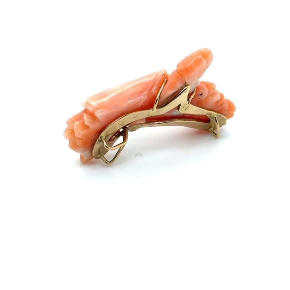 Women's CARVED SALMON COLOR CORAL PENDANT - MOUNTED in A HANDMADE 14 K WHITE GOLD For Sale