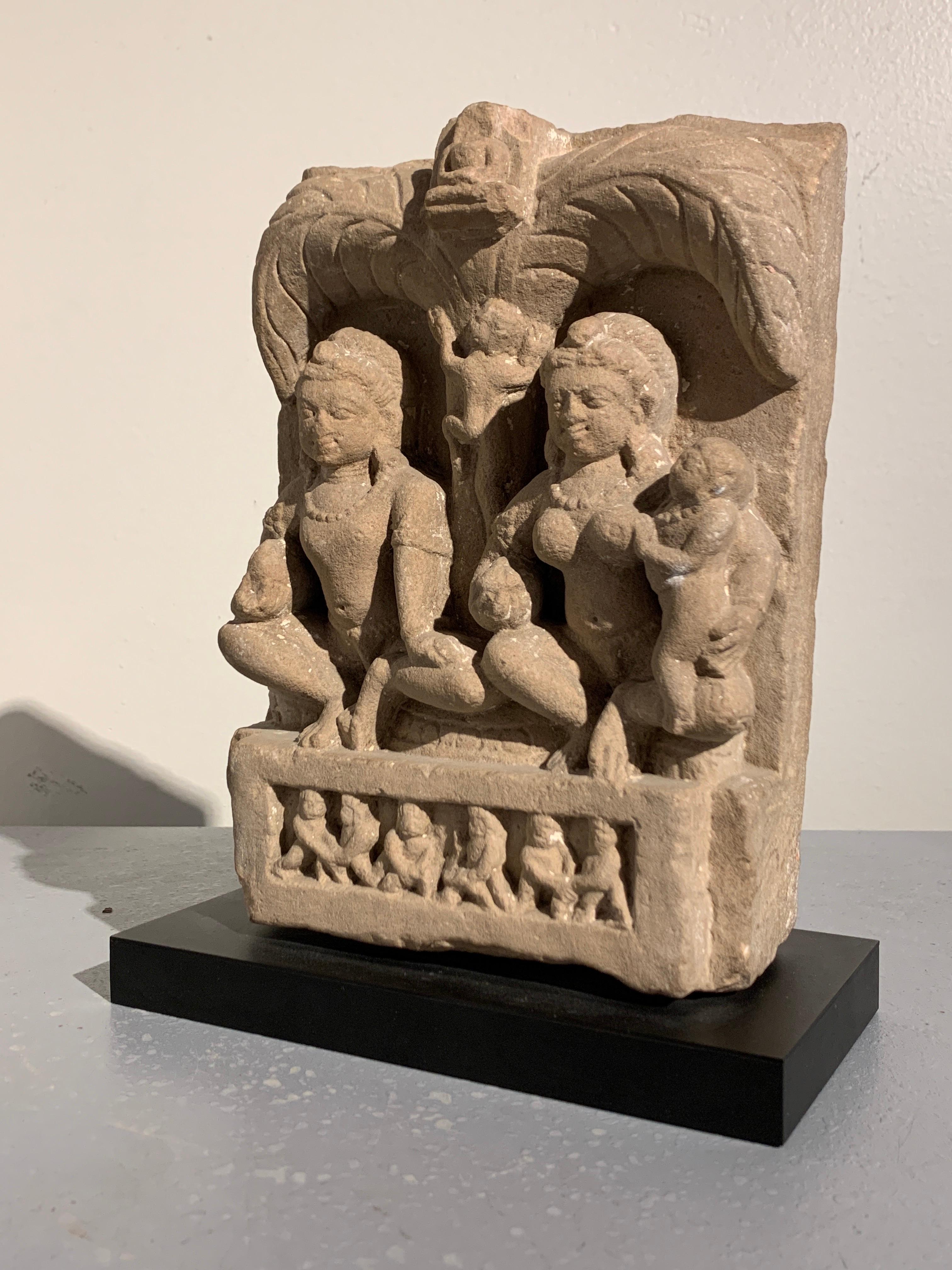Medieval Carved Sandstone Jain Family Group, 6th-7th Century, Uttar Pradesh, India For Sale