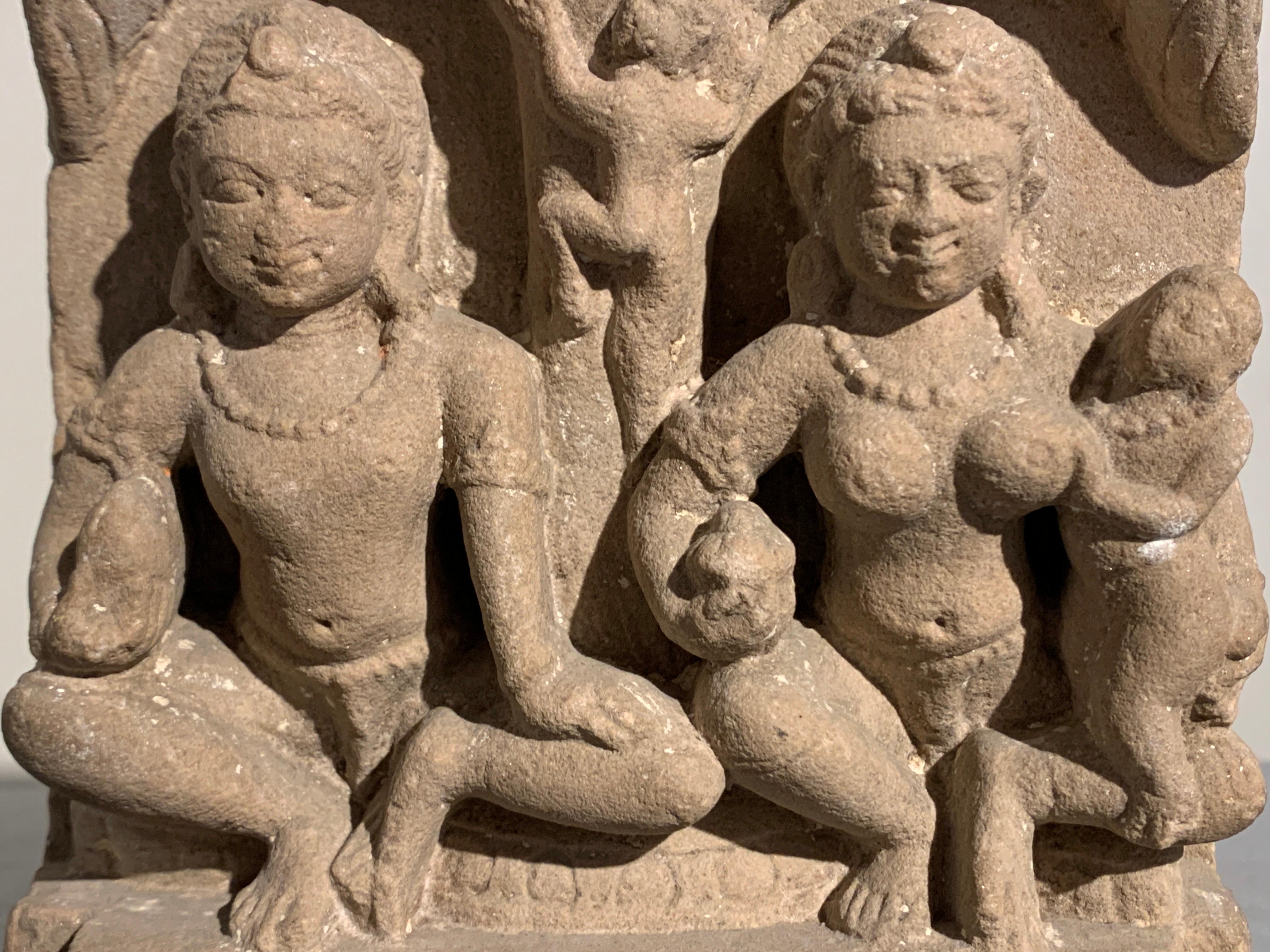 Hand-Carved Carved Sandstone Jain Family Group, 6th-7th Century, Uttar Pradesh, India For Sale