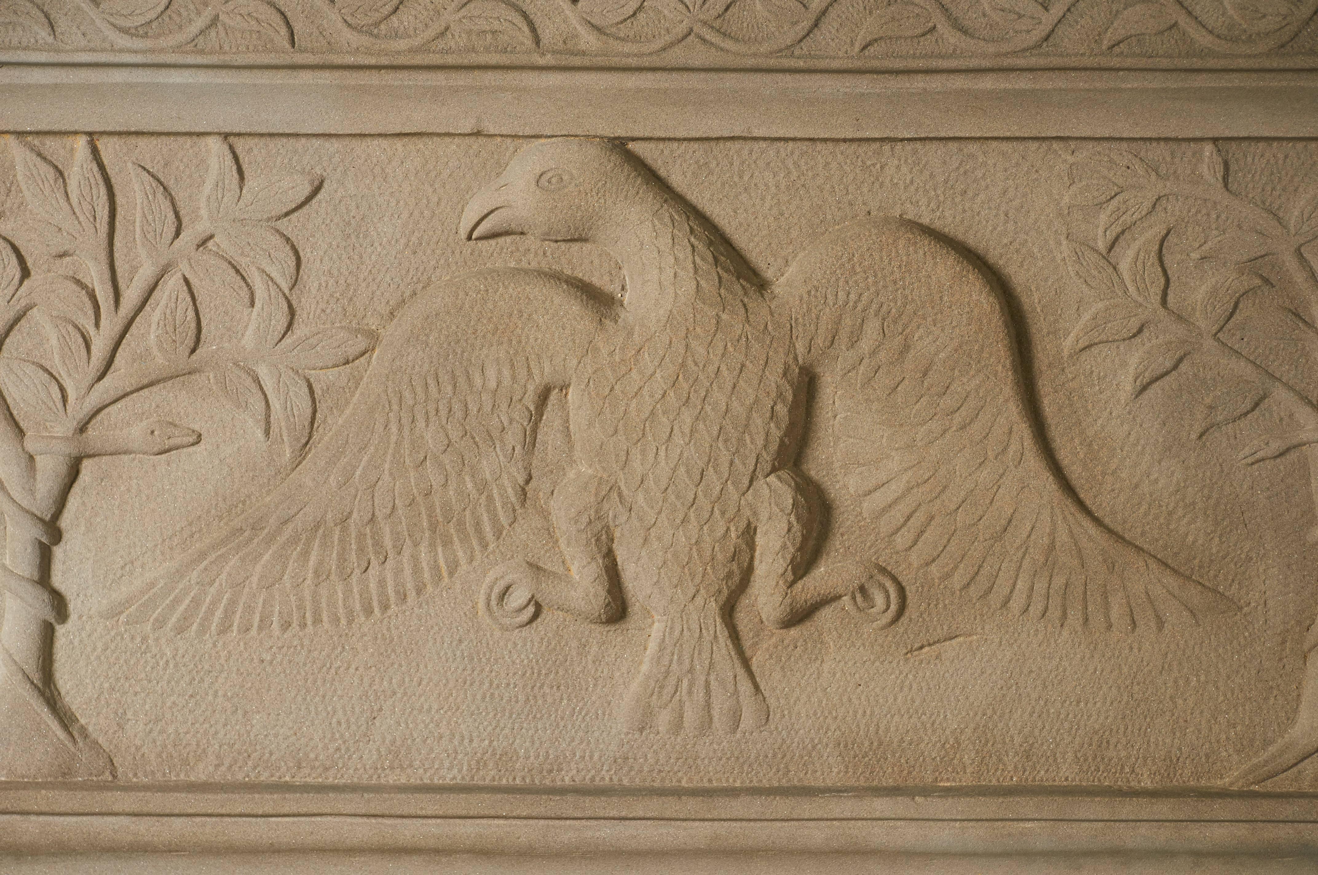 A carved sandstone mantel from Oak Dale Farm in Cadiz, Ohio, built by Robert Reid Cochran (1771-1861), one of the first settlers in Harrison County. Cochran built a brick residence on the property surrounding his mill in the 1820s which included