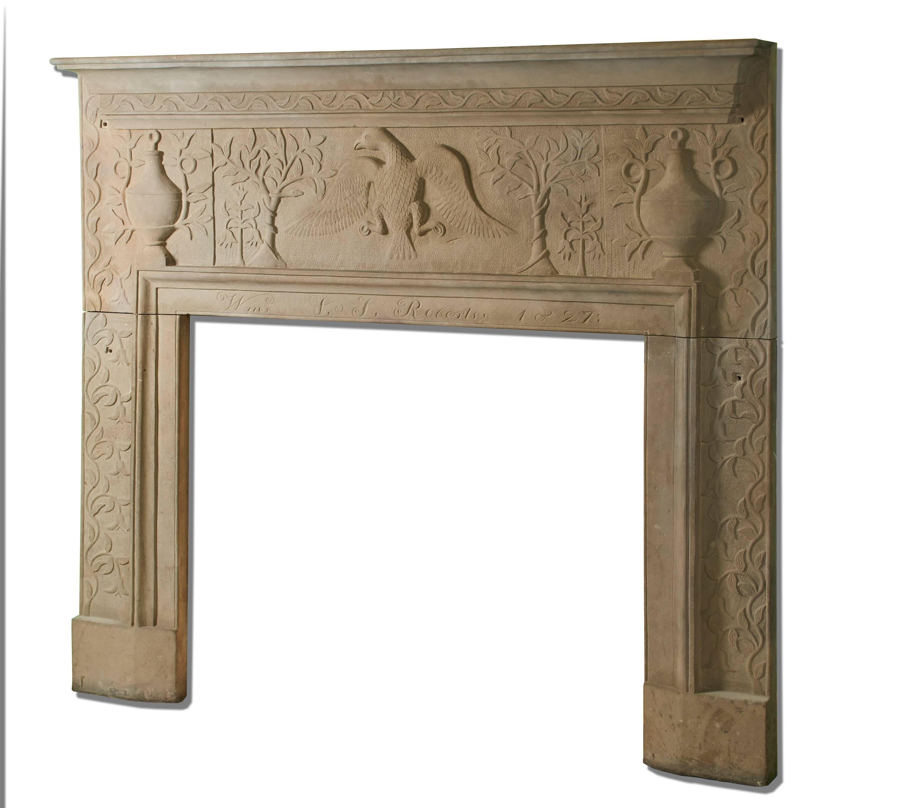 American Carved Sandstone Mantel from Ohio, Dated 1827 For Sale