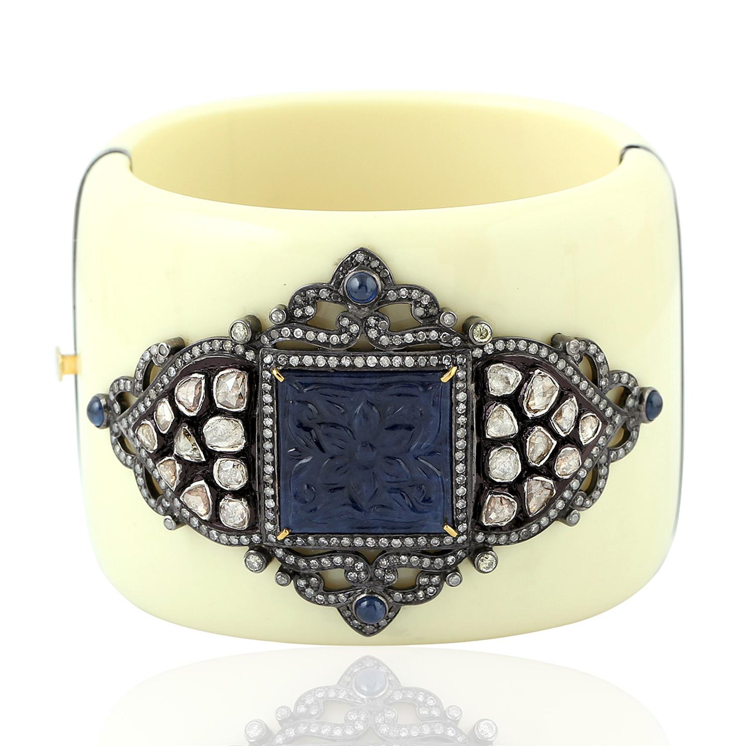 Cabochon Carved Sapphire Bakelite Cuff with Diamond Motif