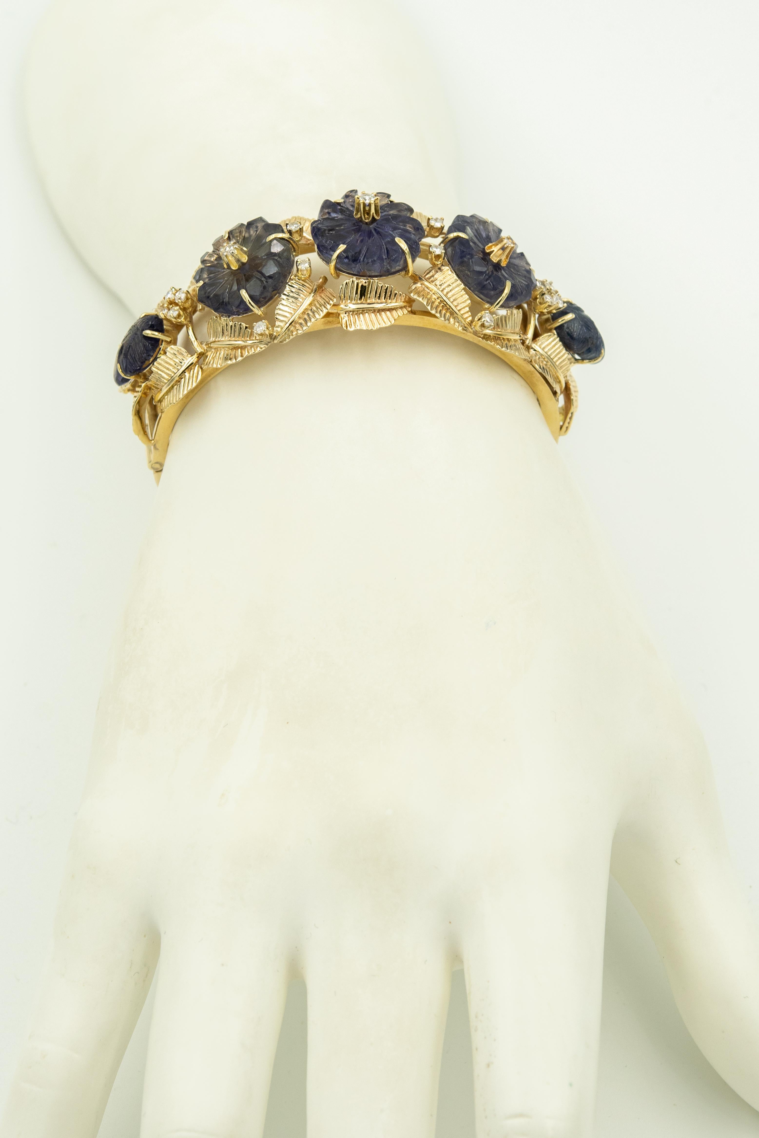 Carved Sapphire Floral Flower Leaf Diamond Yellow Gold Bangle Bracelet For Sale 2