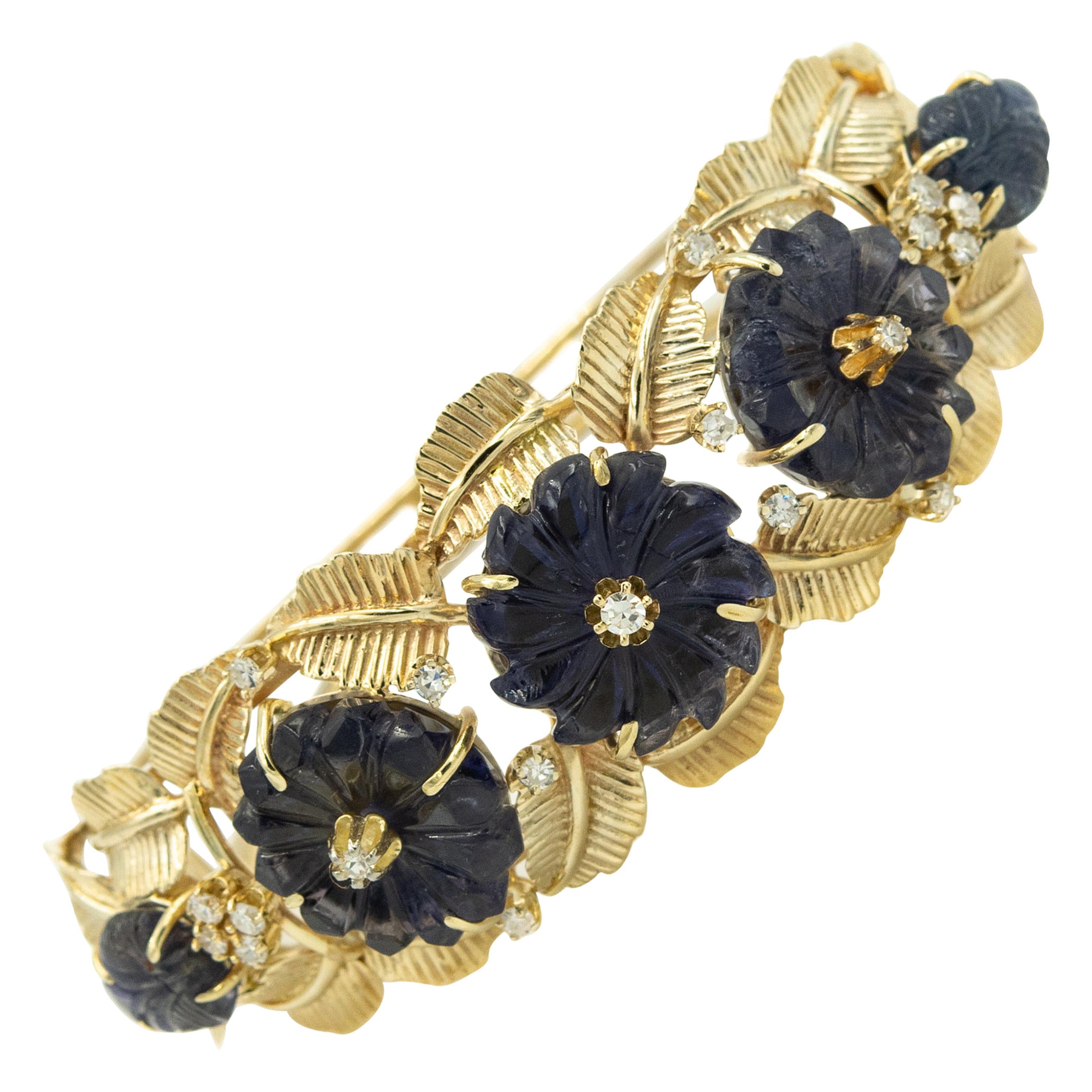 Carved Sapphire Floral Flower Leaf Diamond Yellow Gold Bangle Bracelet