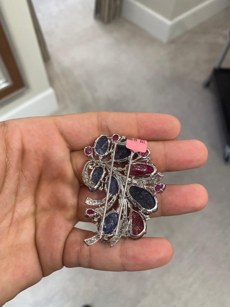Mixed Cut Carved Sapphire Ruby Diamond Flower Brooch For Sale
