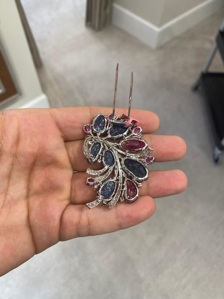 Carved Sapphire Ruby Diamond Flower Brooch In Good Condition For Sale In New York, NY