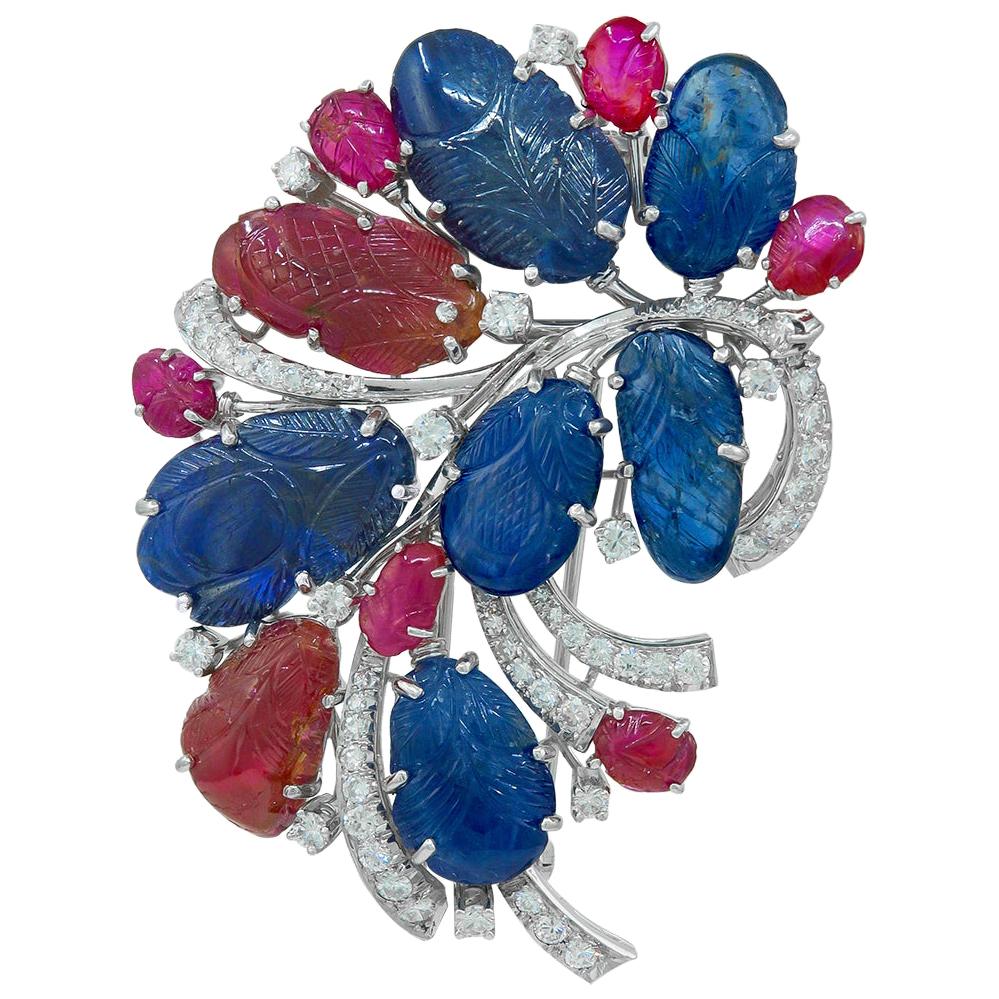 Carved Sapphire Ruby Diamond Flower Brooch For Sale