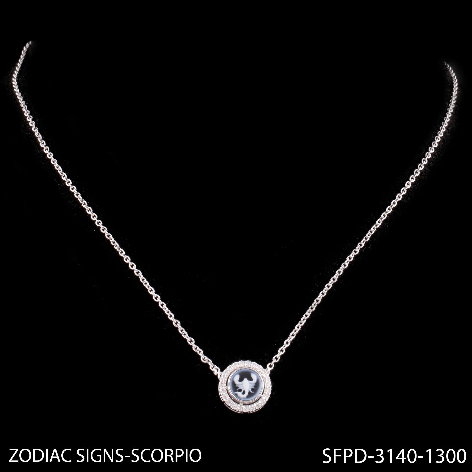 Women's Carved Scorpion Zodiac Astrology Diamond Halo Pendant Necklace 14K White Gold For Sale