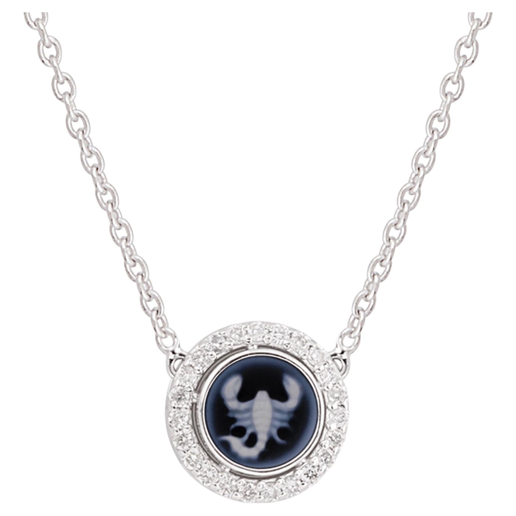 Carved Scorpion Zodiac Astrology Diamond Halo Pendant Necklace 14K White Gold For Sale 2