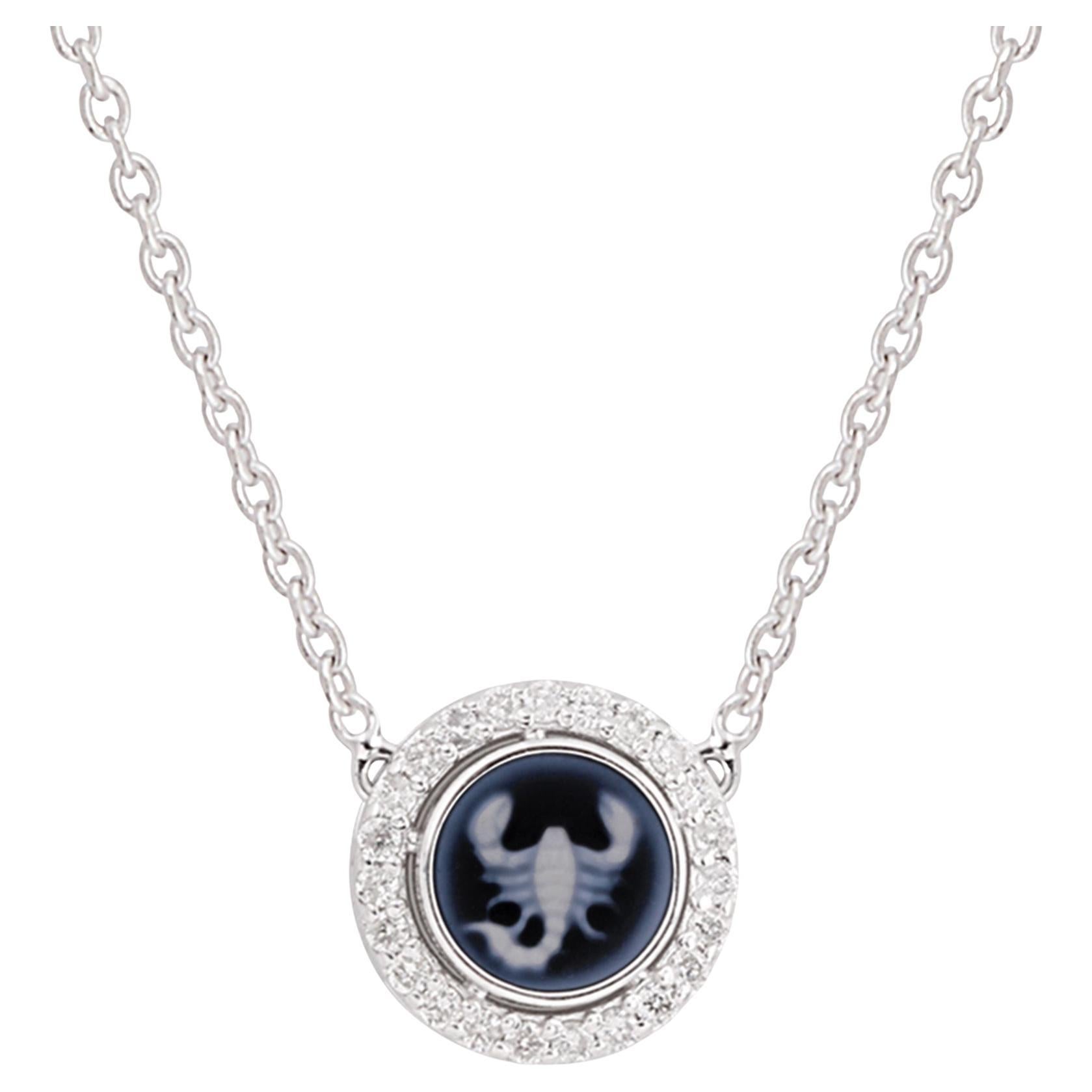 Carved Scorpion Zodiac Astrology Diamond Halo Pendant Necklace 14K White Gold For Sale