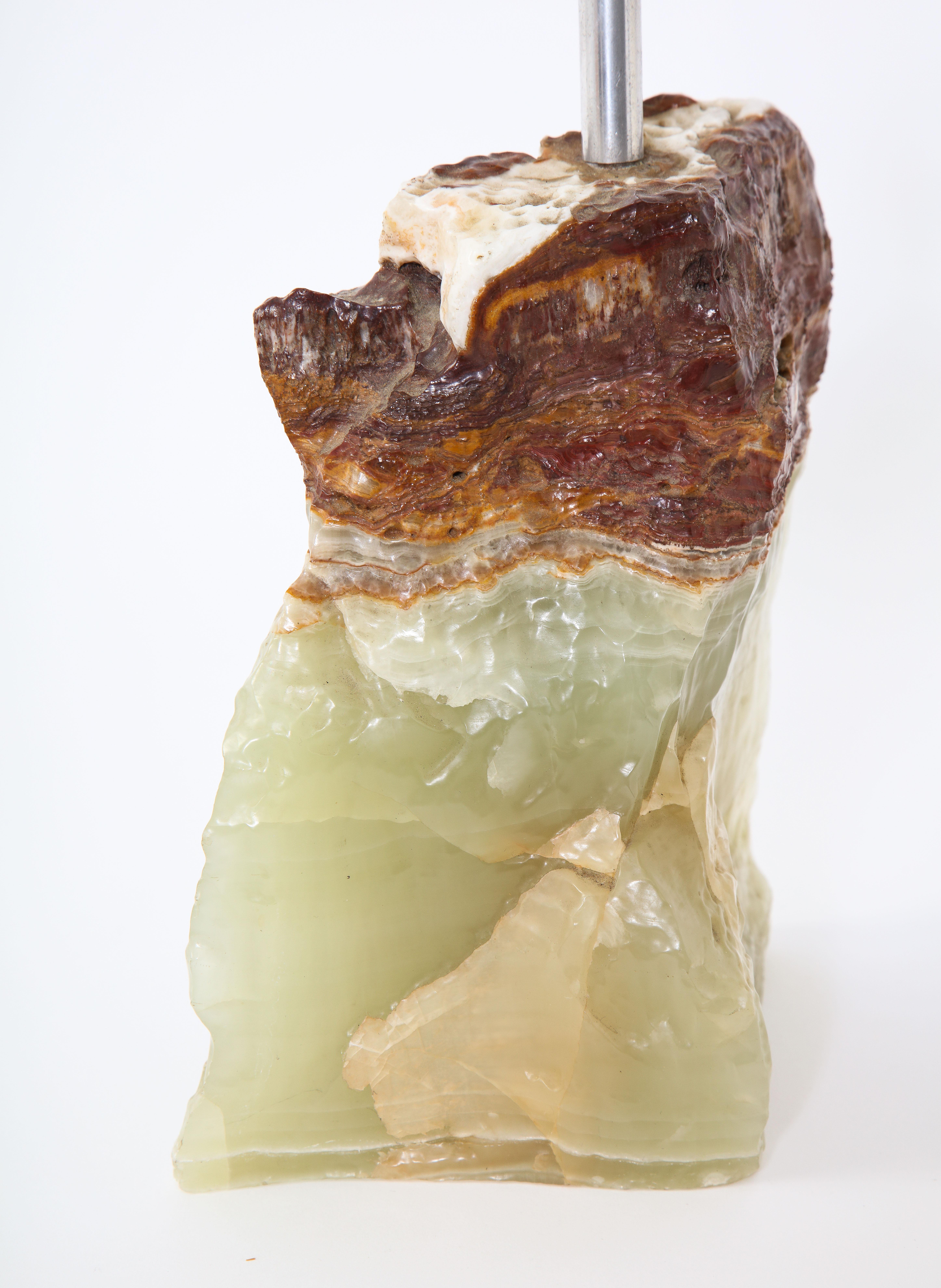 French Carved Sculptural Green and Rust Organic Onyx Block Table Lamp, France, 1960s For Sale