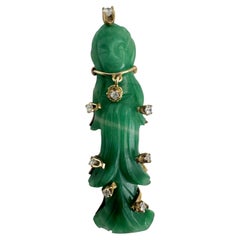 Vintage Carved Serpentine Figure Pin with Diamond Accents in 14K Gold