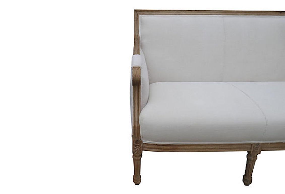 Louis XVI Carved Settee in Vintage French Hand-Spun Natural Linen