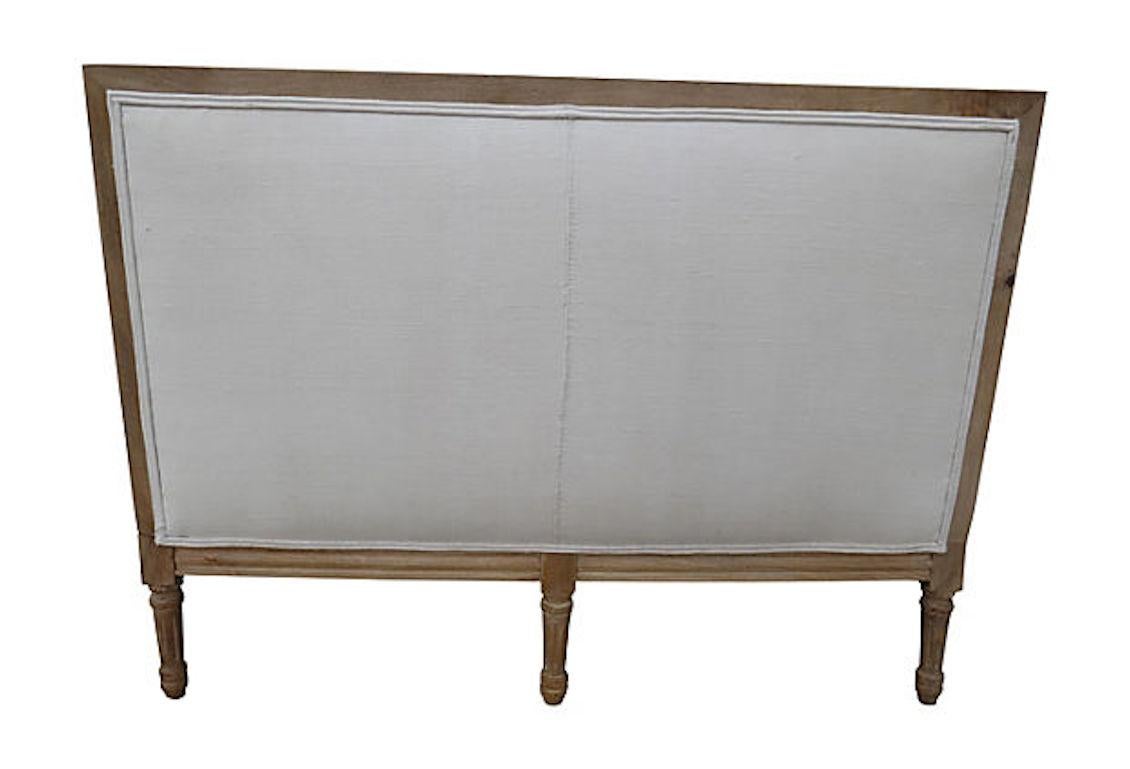 Hand-Carved Carved Settee in Vintage French Hand-Spun Natural Linen