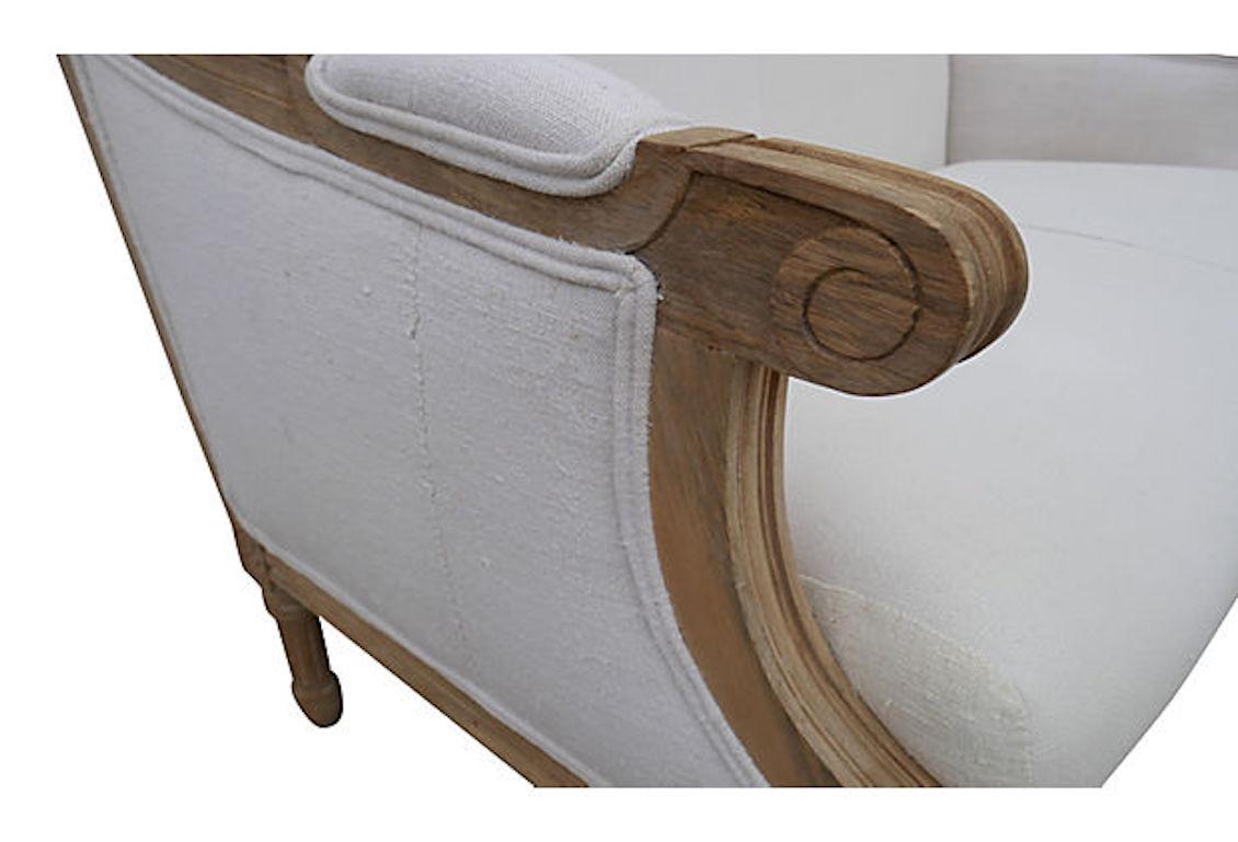Contemporary Carved Settee in Vintage French Hand-Spun Natural Linen