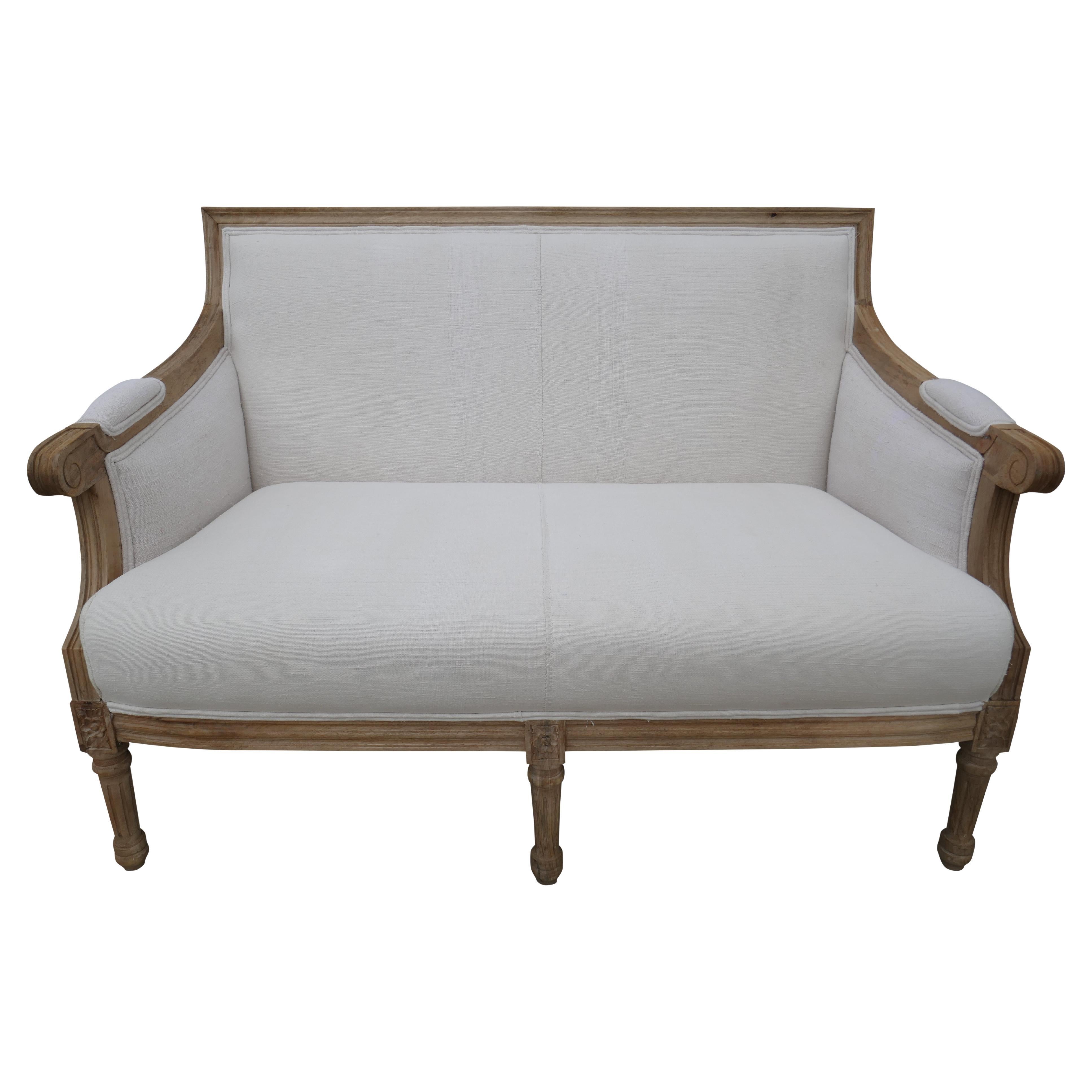 Carved Settee in Vintage French Hand-Spun Natural Linen