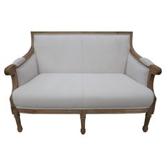 Carved Settee in Vintage French Hand-Spun Natural Linen