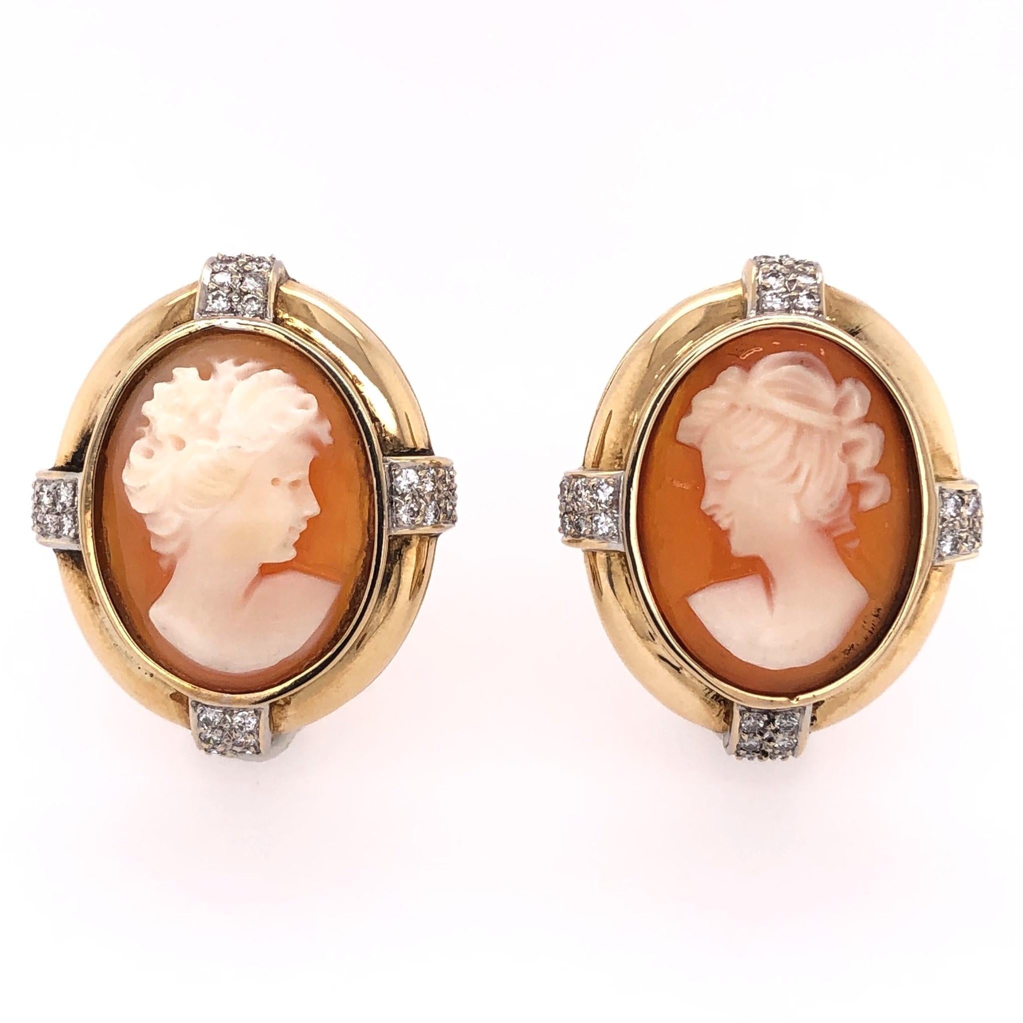 Round Cut Carved Shell Cameo and Diamond French Clip and Post Yellow Gold Earrings  For Sale