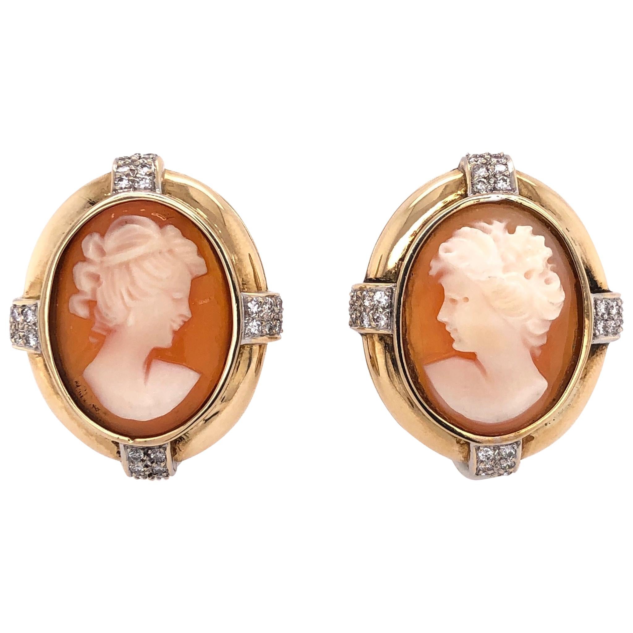 Carved Shell Cameo and Diamond French Clip and Post Yellow Gold Earrings  For Sale