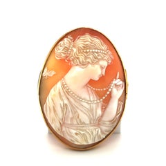 Carved Shell Cameo Brooch with Frame in 18 Karat Yellow Gold