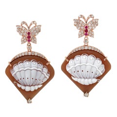 Carved Shell Cameo Butterfly Drop Earrings With Ruby & Diamonds 18KT Rose Gold