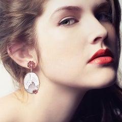 Carved Shell Cameo Dangle Earring with Flower Shape Ruby & Diamonds