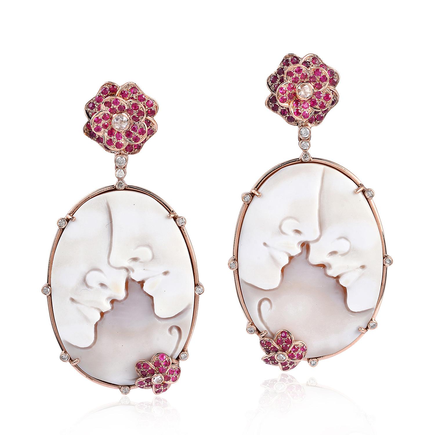 Art Deco Carved Shell Cameo Dangle Earring with Flower Shape Ruby & Diamonds For Sale