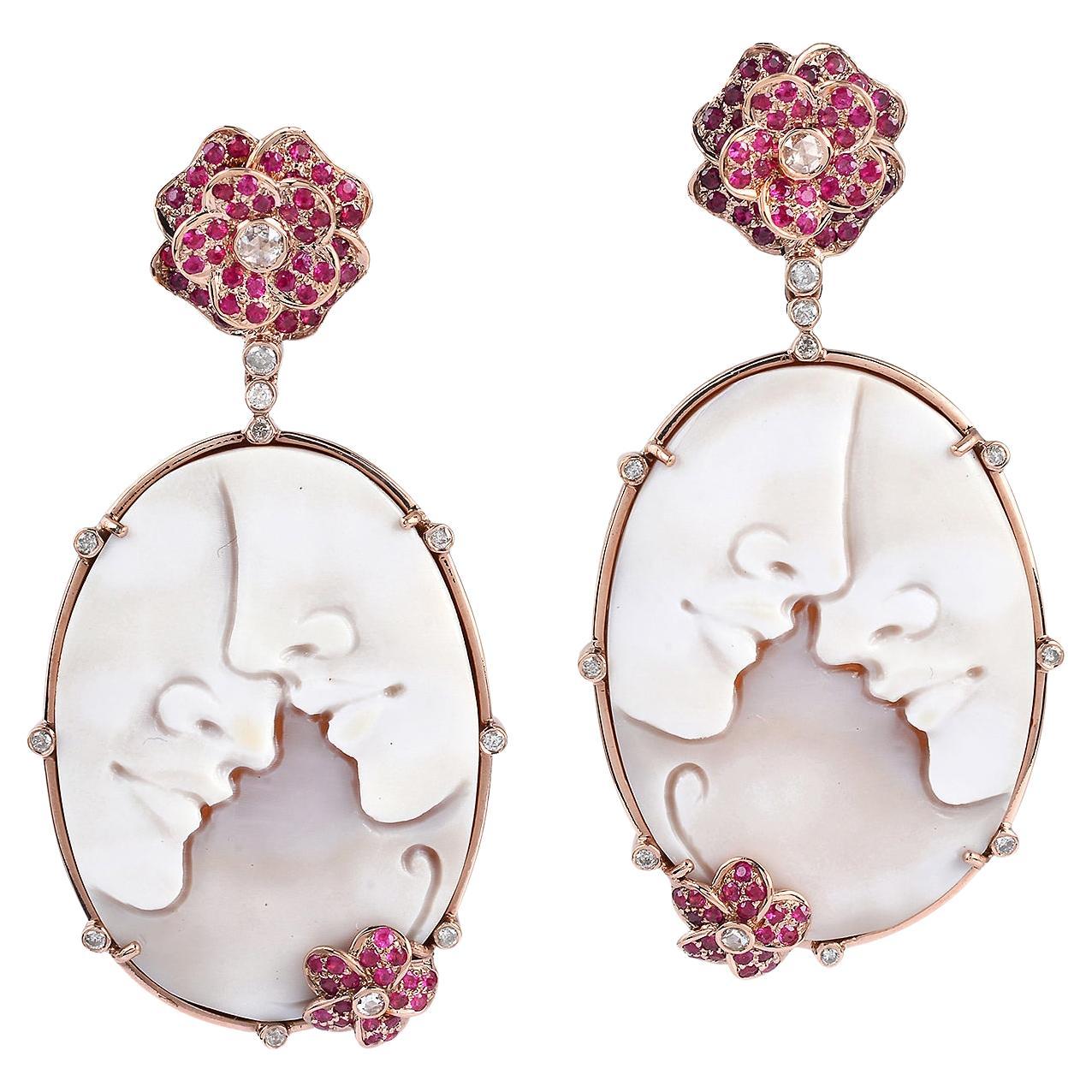 Carved Shell Cameo Dangle Earring with Flower Shape Ruby & Diamonds