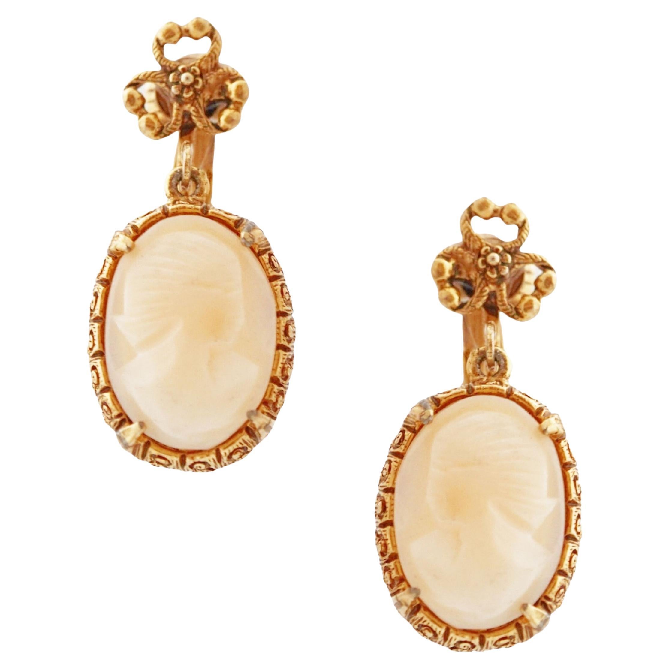 Carved Shell Cameo Drop Earrings By Florenza, 1960s