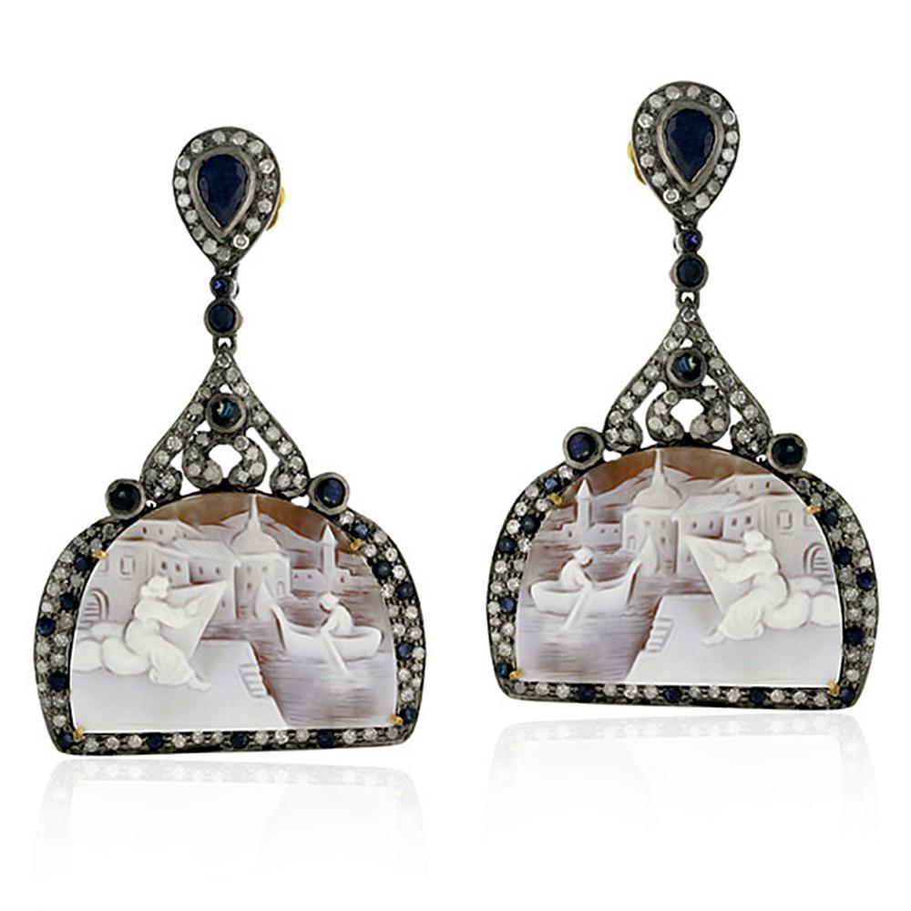 Carved Shell Cameo Earring with Diamonds and Sapphire In New Condition In New York, NY