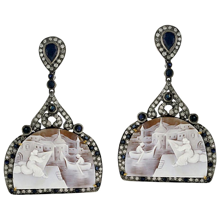 Carved Shell Cameo Earring with Diamonds and Sapphire