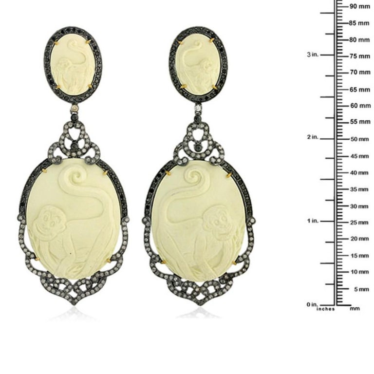 Carved Shell Cameo Earrings Surrounded by Pave Diamonds in 18k Gold and