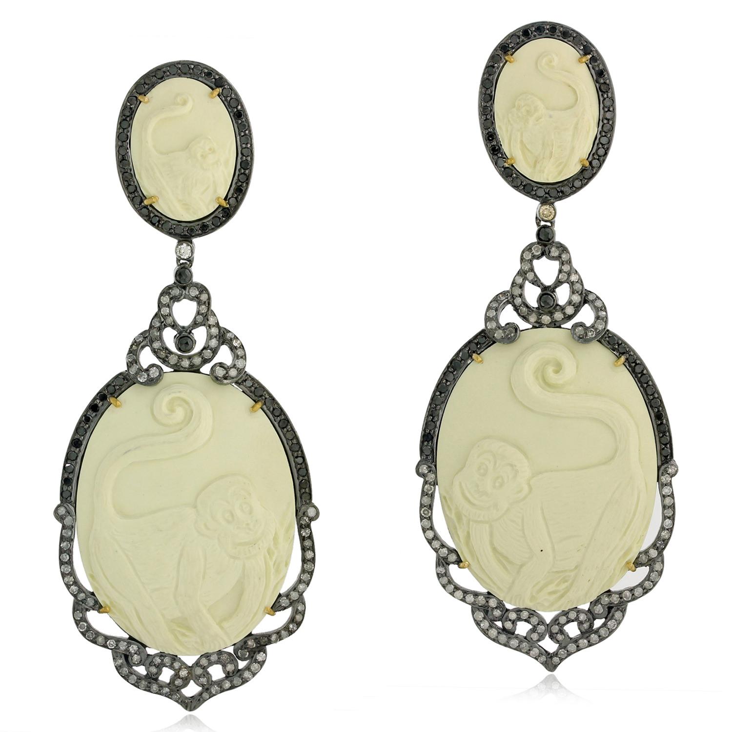 Carved Shell Cameo Earrings Surrounded by Pave Diamonds in 18k Gold & Silver In New Condition For Sale In New York, NY