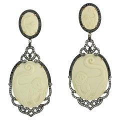 Carved Shell Cameo Earrings Surrounded by Pave Diamonds in 18k Gold & Silver
