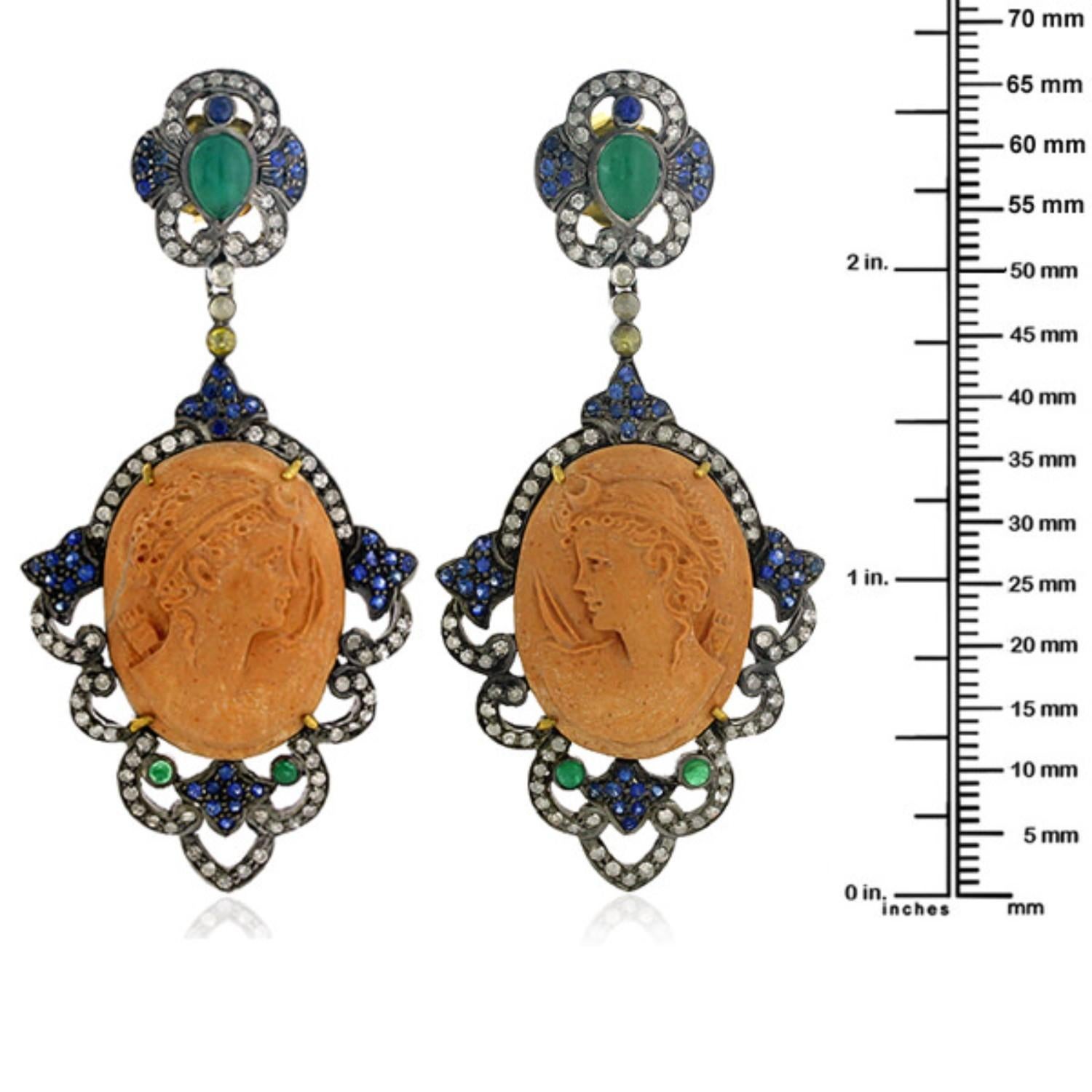 Mixed Cut Carved Shell Cameo Earrings With Emeralds Surrounded By Pave Sapphire & Diamonds For Sale