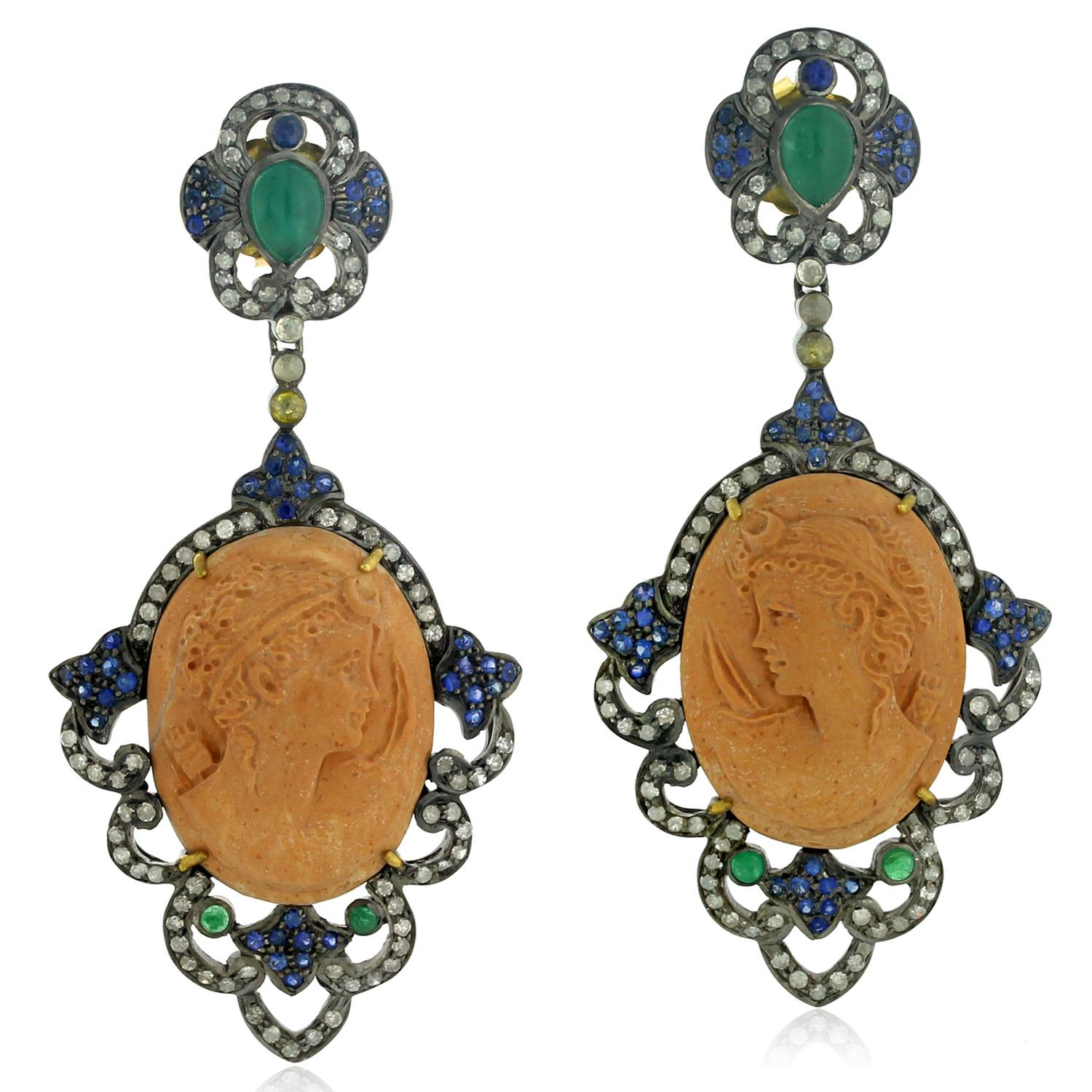 Carved Shell Cameo Earrings With Emeralds Surrounded By Pave Sapphire & Diamonds In New Condition For Sale In New York, NY