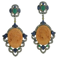 Carved Shell Cameo Earrings With Emeralds Surrounded By Pave Sapphire & Diamonds