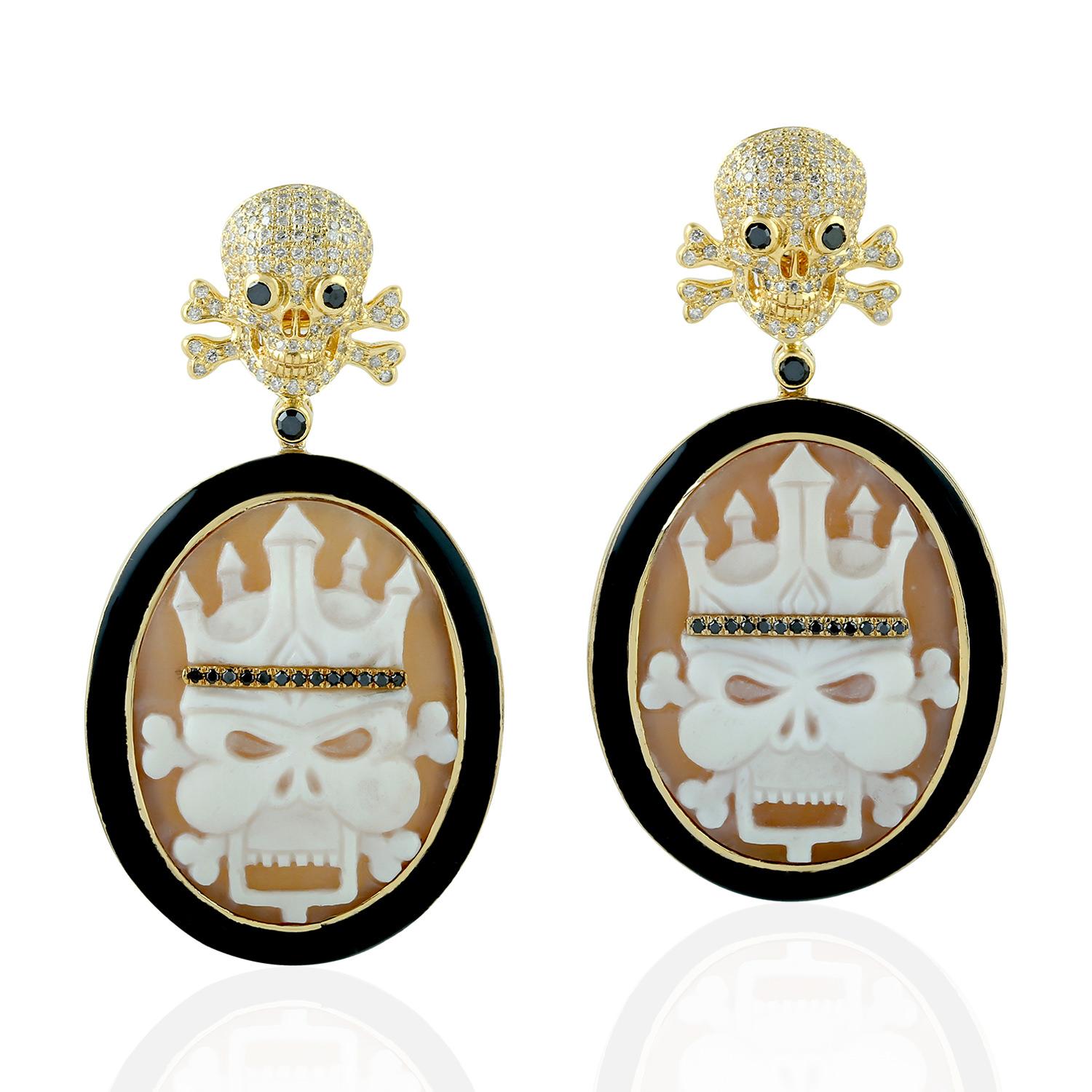 Mixed Cut Carved Shell Cameo & Enamel Dangle Earring with Skull in 18k Gold For Sale