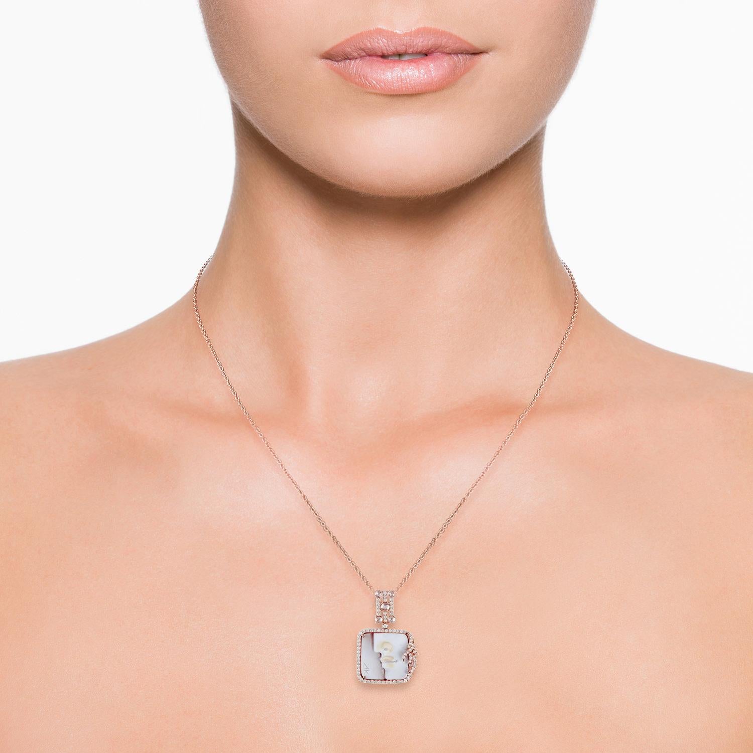 Geschnitzte Muschelkamee Matinee-Halskette mit Diamanten aus 18 Karat Roségold (Art déco) im Angebot