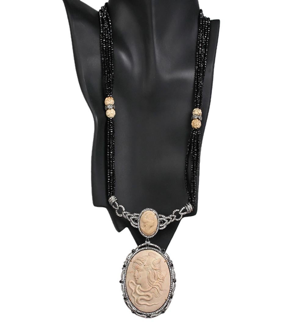 Artisan Carved Shell Cameo Pendant Necklace With Black Spinel & Pave Diamonds For Sale