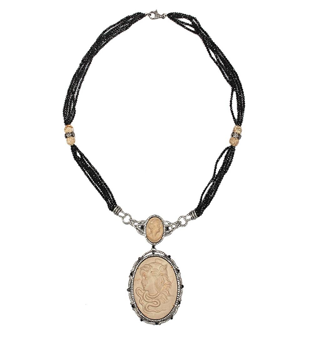 Mixed Cut Carved Shell Cameo Pendant Necklace With Black Spinel & Pave Diamonds For Sale