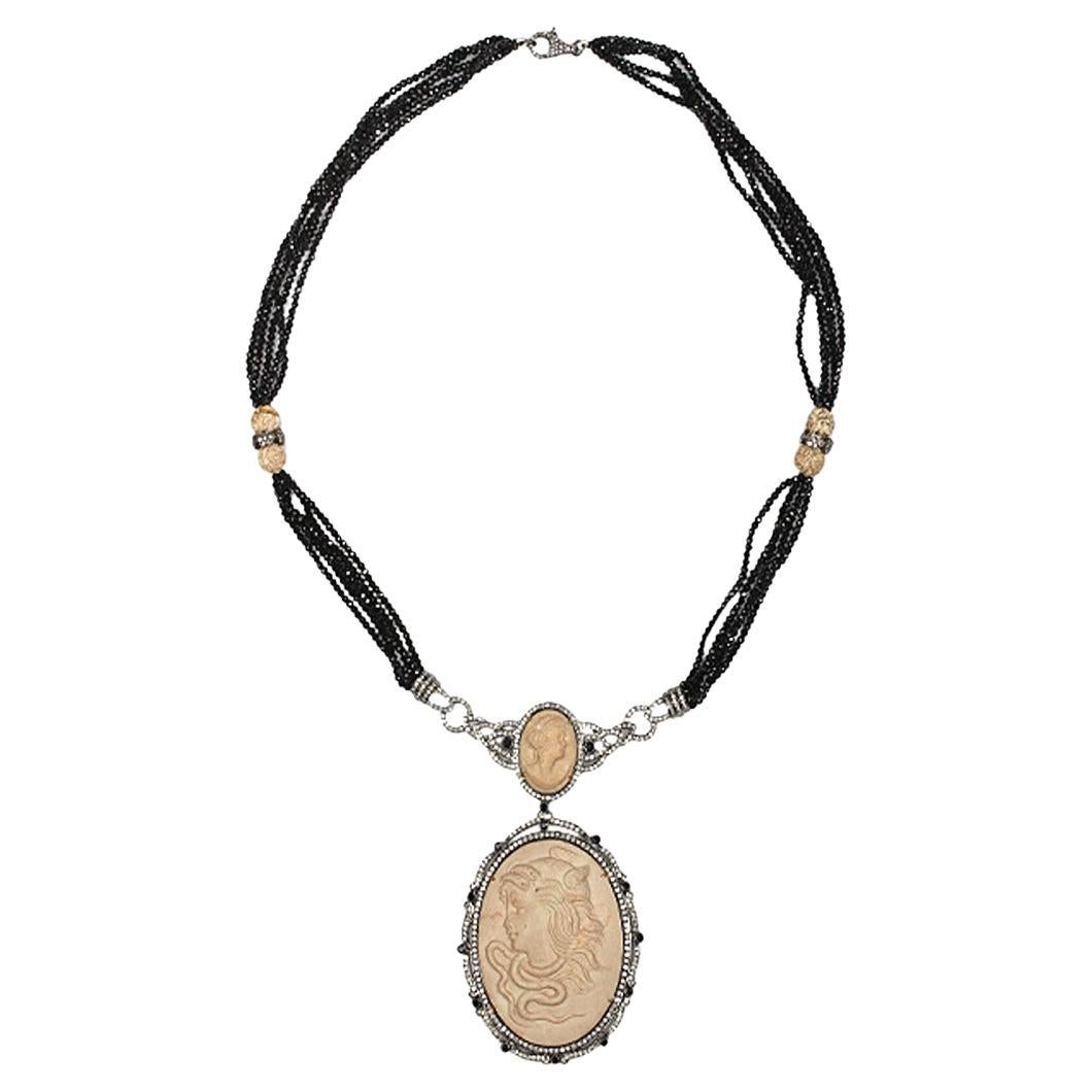 Carved Shell Cameo Pendant Necklace With Black Spinel & Pave Diamonds For Sale