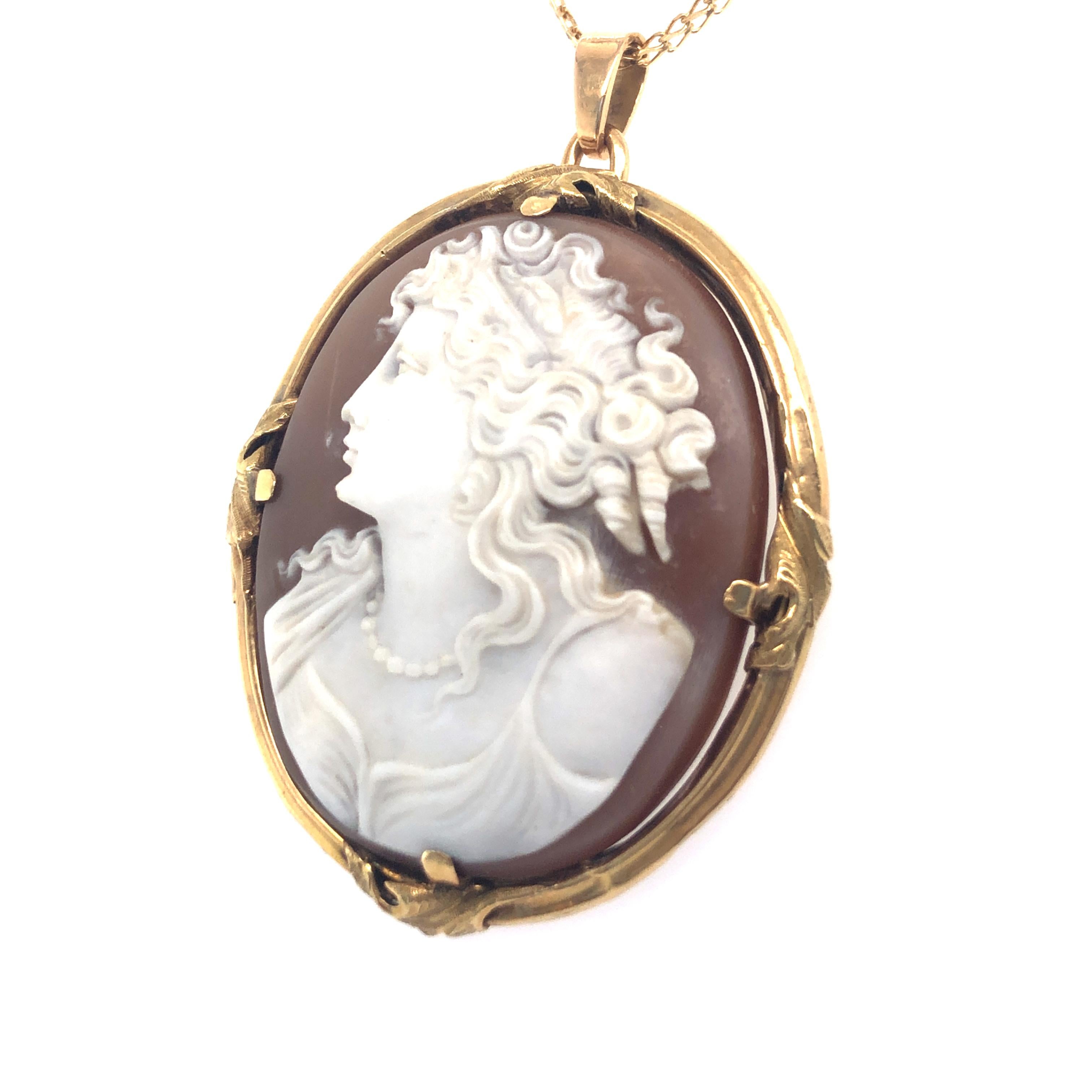 Women's or Men's Carved Shell Cameo Pendant with Frame in 18 Karat Yellow Gold
