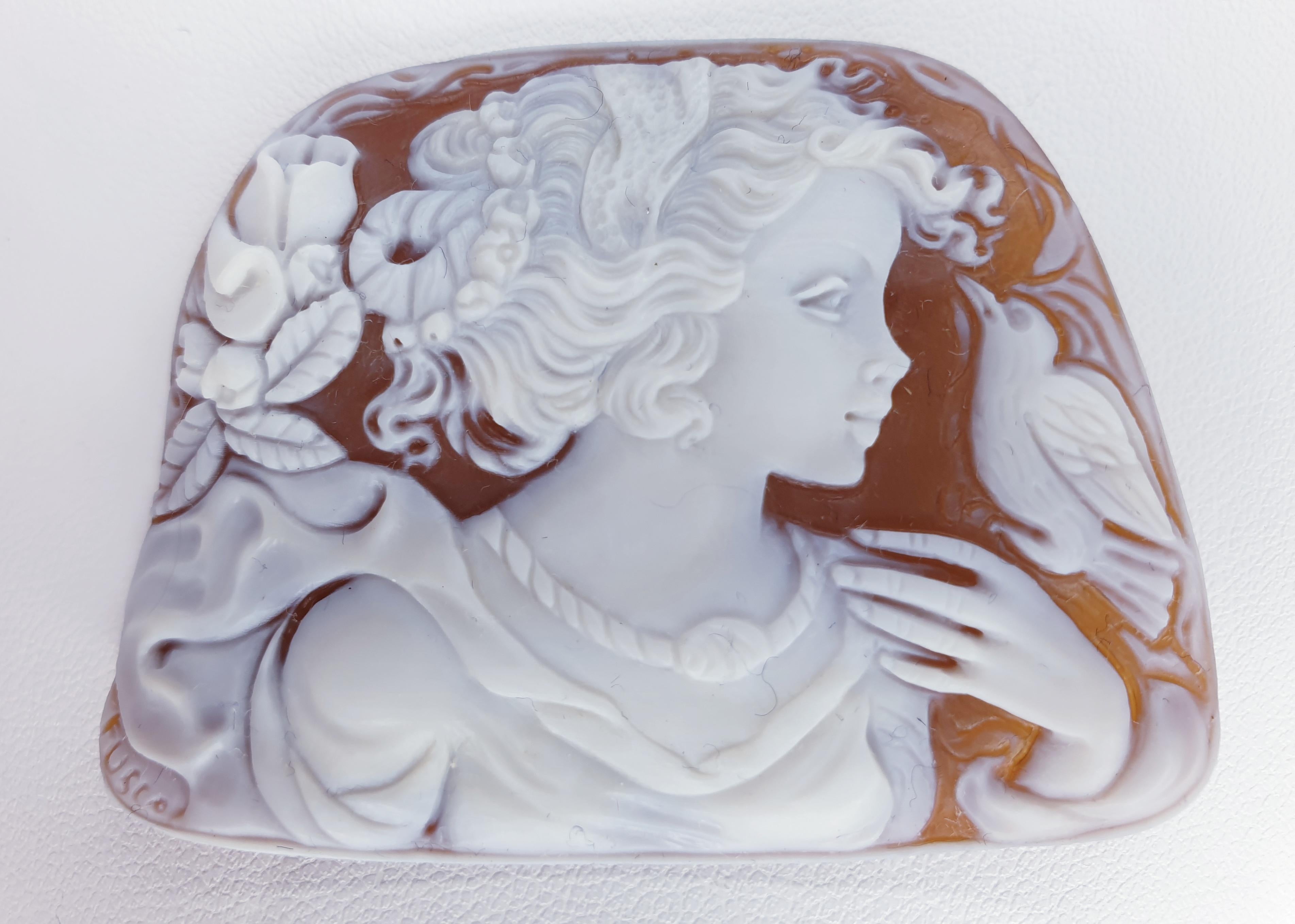 Beautiful Captivating Hand carved shell Cameo depicting the Profile of a Classical Beauty with long flowing hair enhanced with flowers and a Dove. Artist signed: FUSCO. Unmounted. Rendered with remarkable detail and warmth, so unusual to find!