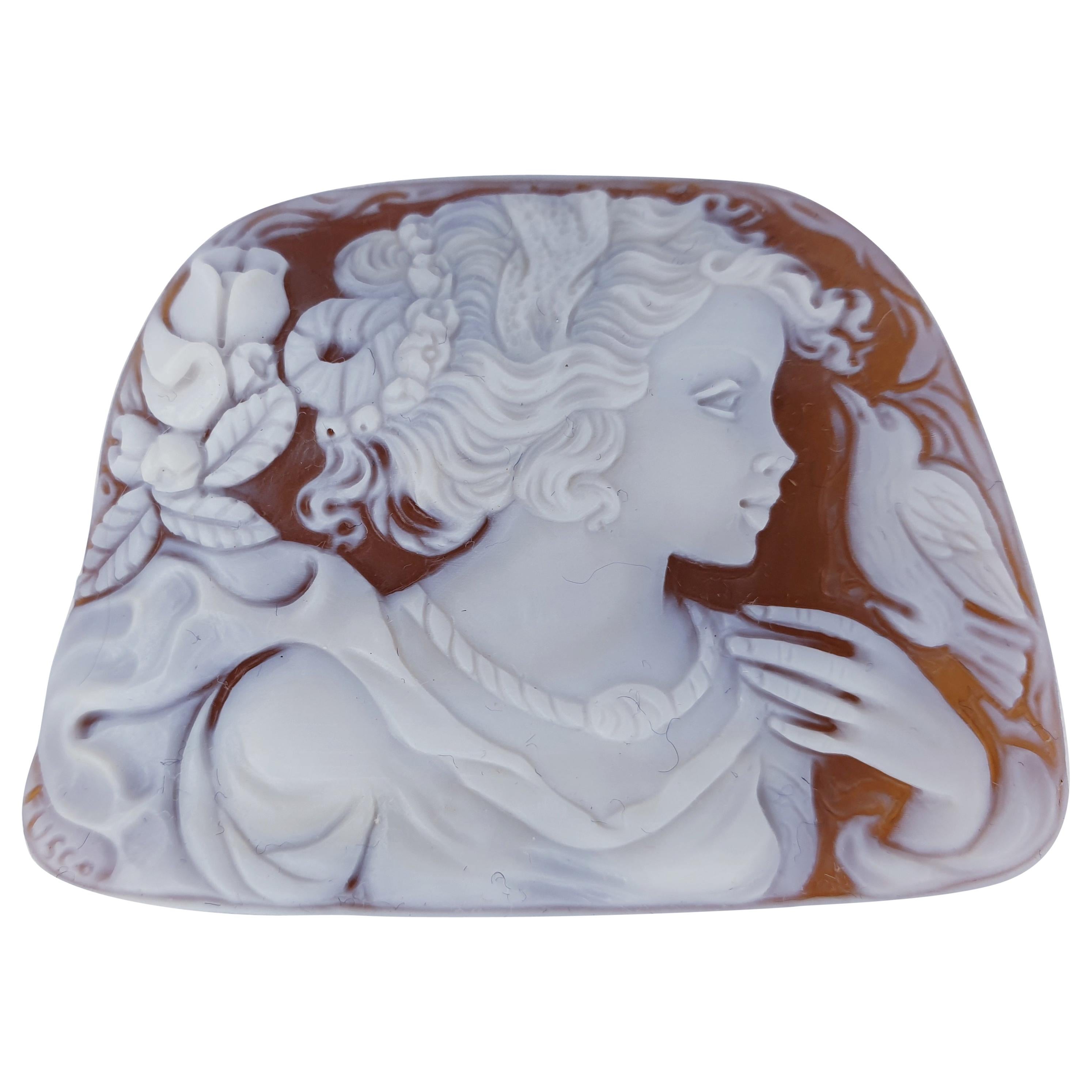 Carved Shell Cameo Signed Portrait of a Classical Beauty Estate Fine Jewelry