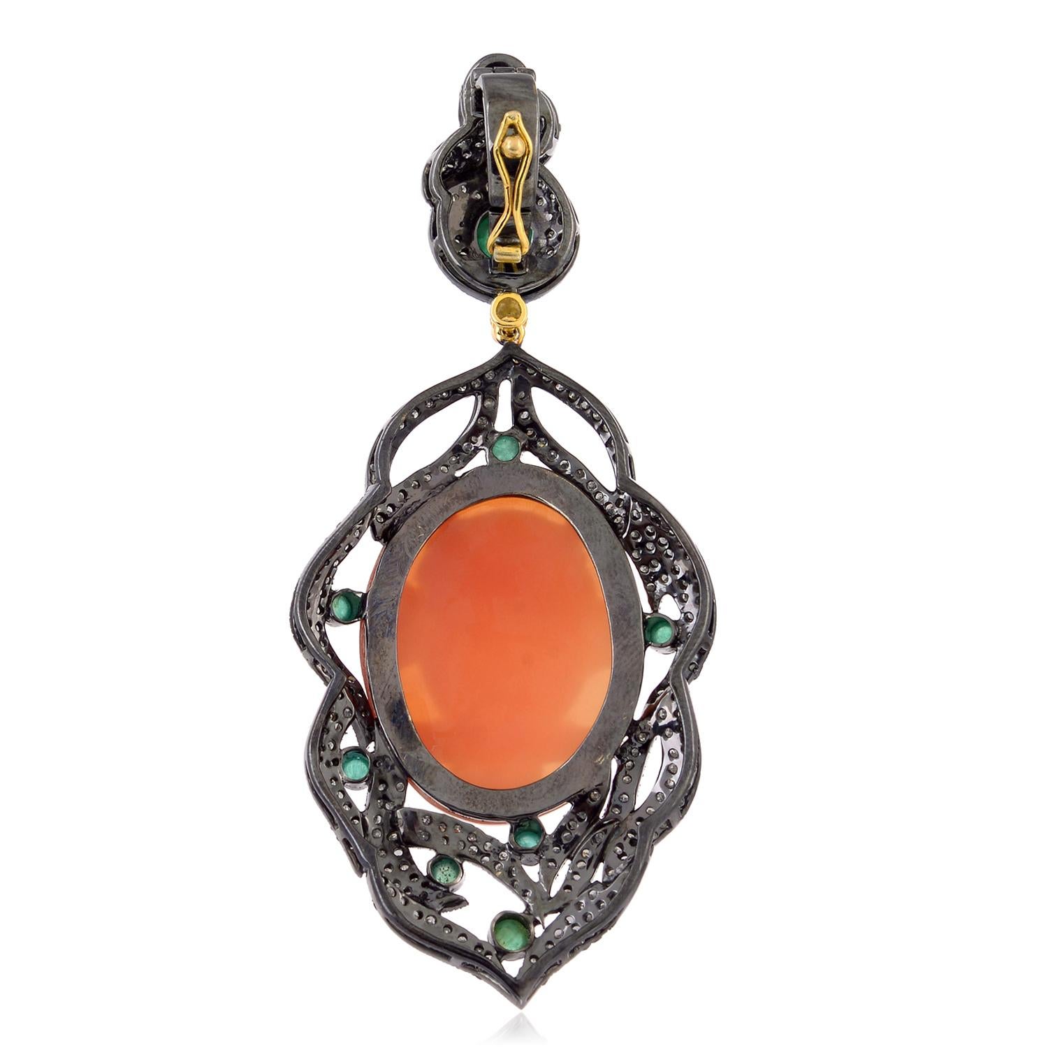 Art Deco Carved Shell Cameo Pendant With Emerald & Pave Diamonds Made in Gold & Silver For Sale