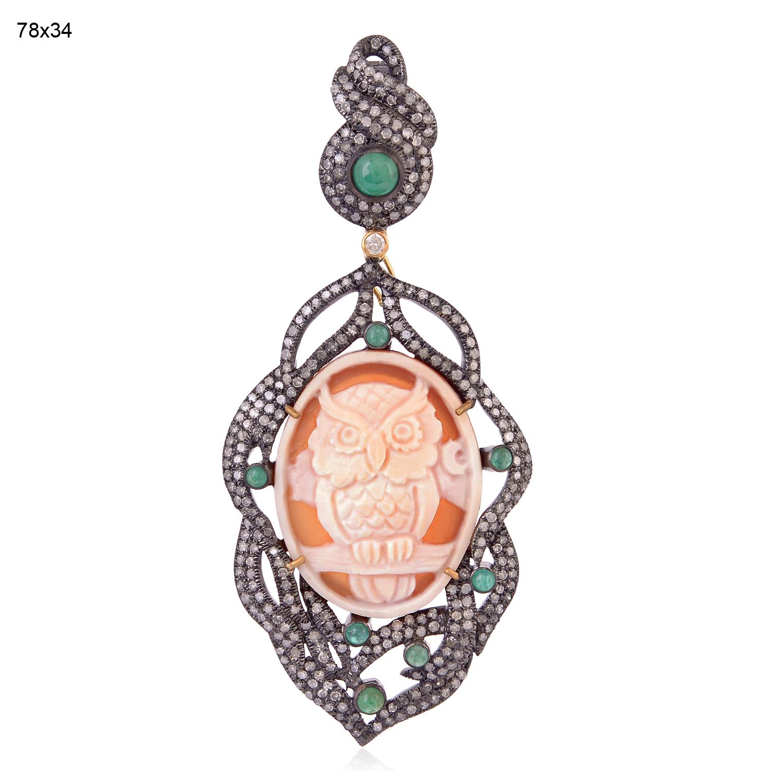 Round Cut Carved Shell Cameo Pendant With Emerald & Pave Diamonds Made in Gold & Silver For Sale