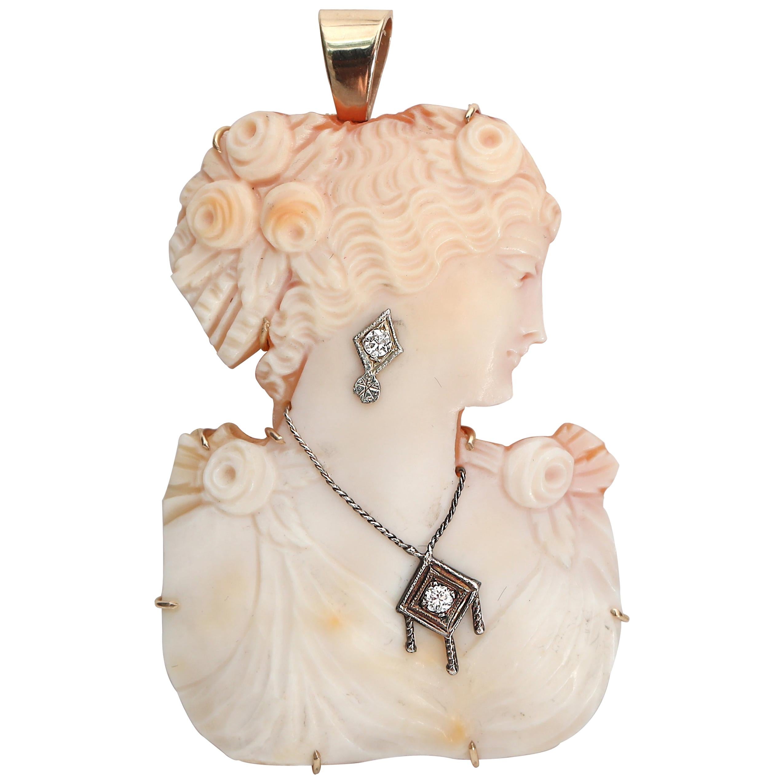 Carved Shell Cameo Woman Bust Silhouette Diamond Accents 14 Karat Gold Pendant