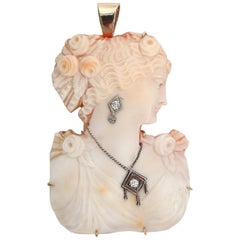 Antique Carved Shell Cameo Woman Bust Silhouette Diamond Accents 14 Karat Gold Pendant