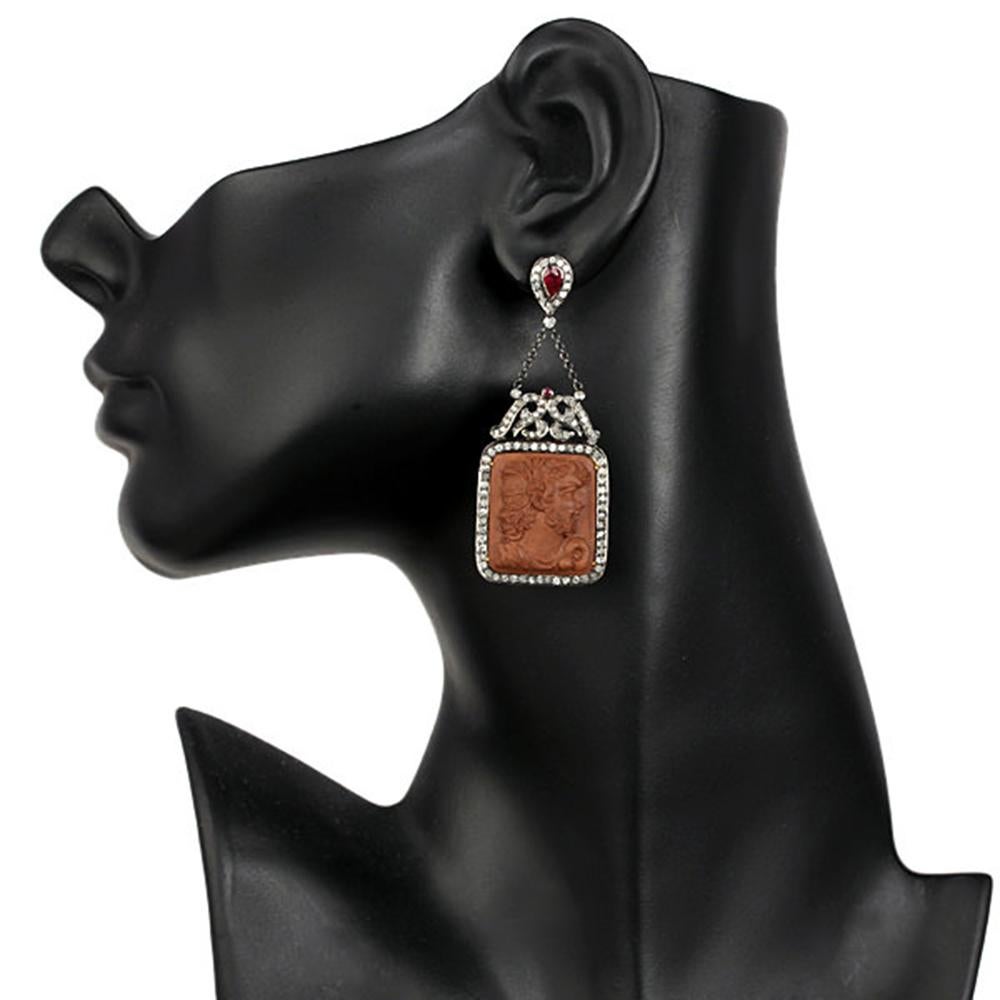 Art Nouveau Carved Lava Quartz Earring With Ruby & Diamonds Made in 18k Yellow Gold & Silver For Sale